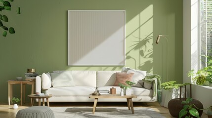 Modern Living Room Interior with White Sofa and Decorative Poster Frame MockUp. Perfect for showcasing artwork, advertisement designs, or interior design ideas