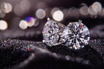 Fototapeta premium A close-up shot of a pair of sparkling diamond earrings with intricate details, resting on a black velvet cushion. Light reflects off the facets, creating a mesmerizing display. Top left corner for