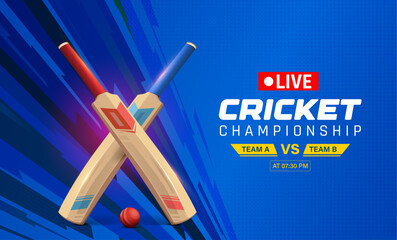 Exciting live cricket tournament match background. illustration of Cricket bat, ball, Stadium on a dark blue background. Vector Cricket championship banner with bat and ball.