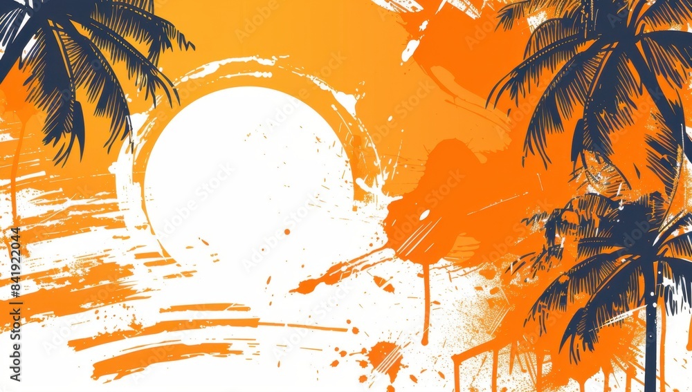 Poster abstract summer background with palm trees and sun banner design, in the style of orange gradient, w