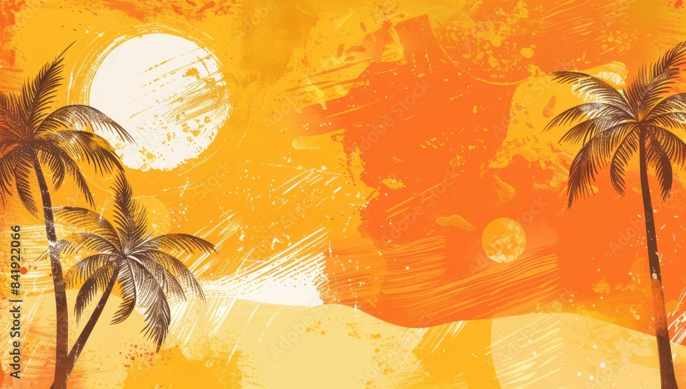 Poster the background is orange and yellow, with an abstract sun in the upper left corner and palm trees at