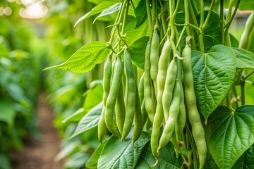 Fresh Green Beans Hanging From The Vine, Ready To Be Harvested.