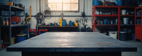 Blank rough metal workshop and desk table surface on blurred garage background with copy space, Empty space for your products and crafty idea in man cave studio