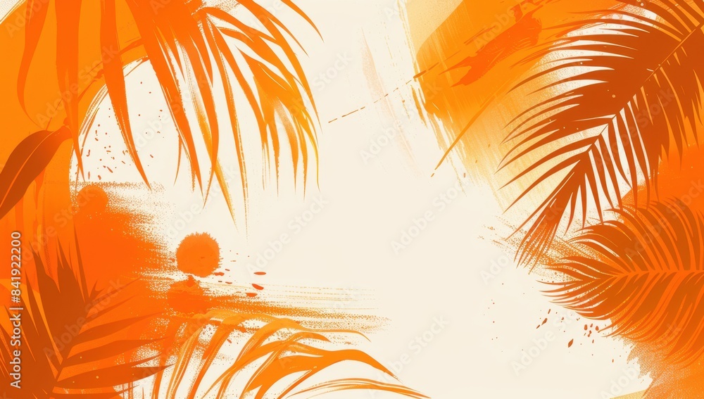 Poster illustration is orange and white, with palm trees and sun rays with brush strokes and gradient effec