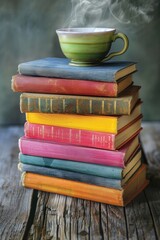 Naklejka premium A stack of hardcover books with colorful spines, fanned out on a rustic wooden table. A steaming cup of tea sits beside them, creating a cozy scene. Ample space in the upper right corner for branding.