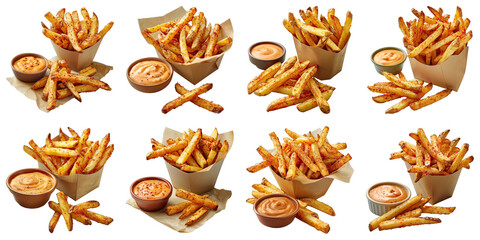 Set of Cajun Fries With Spicy Dipping Sauce isolated on transparent png background. Generative ai