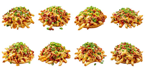 Obraz premium Set of Chili Cheese Fries With Green Onions isolated on transparent png background. Generative ai