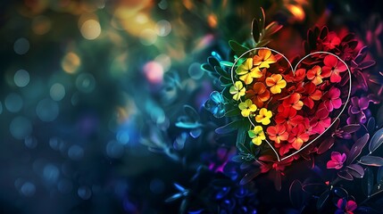 A floral background featuring a rainbow LGBT heart outline, ideal for a Valentine's Day greeting card