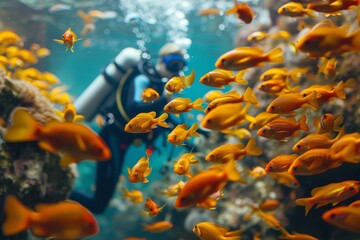 Colored fishes under ocean water with diver