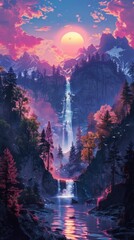 Majestic Waterfall and Mountain Landscape at Sunset Generative AI image