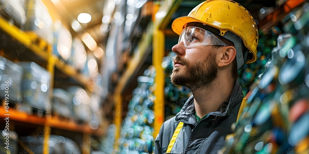Poster engineer examines recycling system in factory. concept engineering, recycling system, factory inspec