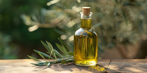 Blurred background of homemade organic olive oil bottle with copy space. Concept Food Photography, Organic Products, Blurred Background, Copy Space, Homemade Goods