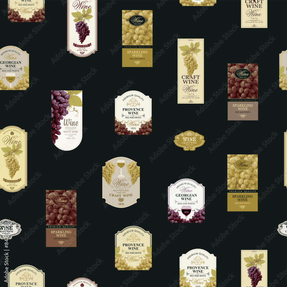 Poster seamless pattern with ornate wine labels in retro style. repeating vector background on the theme of