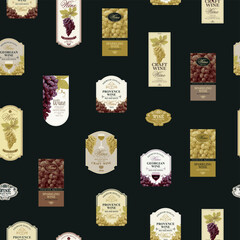 Seamless pattern with ornate wine labels in retro style. Repeating vector background on the theme of wine and wineries. Suitable for vintage Wallpaper, wrapping paper, fabric