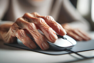 A close-up an elderly woman's hand on a computer mouse