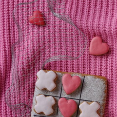 Valentine's Day Cookies Background, Top view. Romance Decoration. Pink Square Web Banner