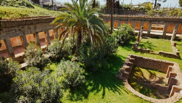 The rear peristyle and garden at the Villa of Diomedes (Villa di Diomede), Pompeii, Naples, Campania, Italy, an ancient city buried by Mount Vesuvius in 79 AD