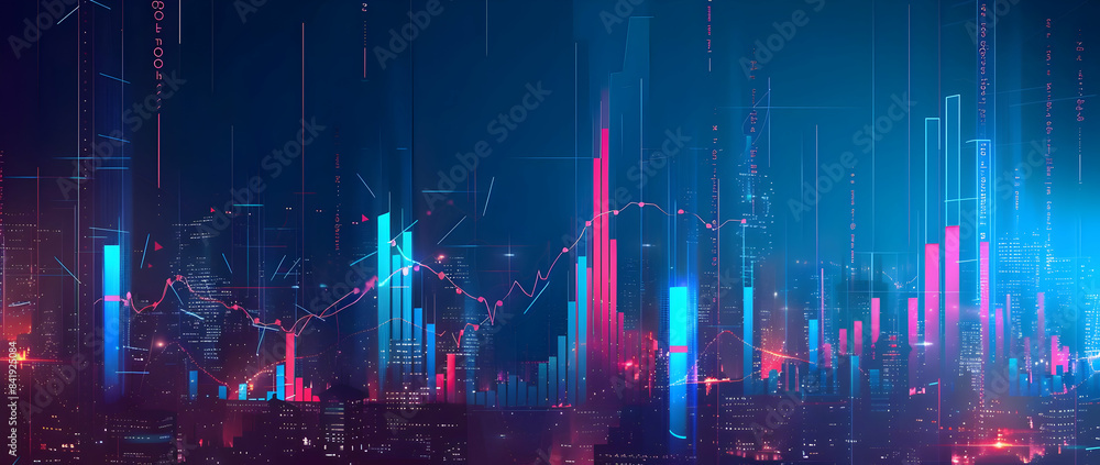 Poster abstract digital data visualization with neon bars and lines representing financial market trends an