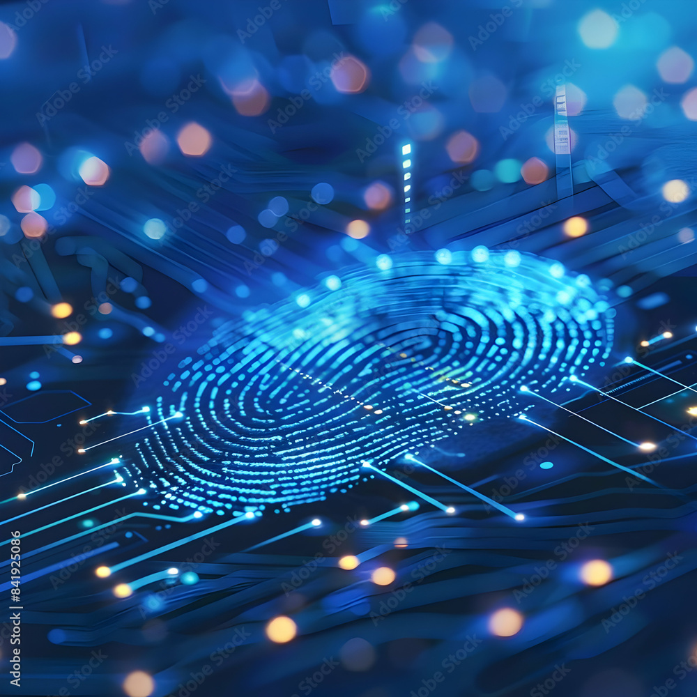 Poster abstract digital representation of a fingerprint integrated with a futuristic circuit board highligh