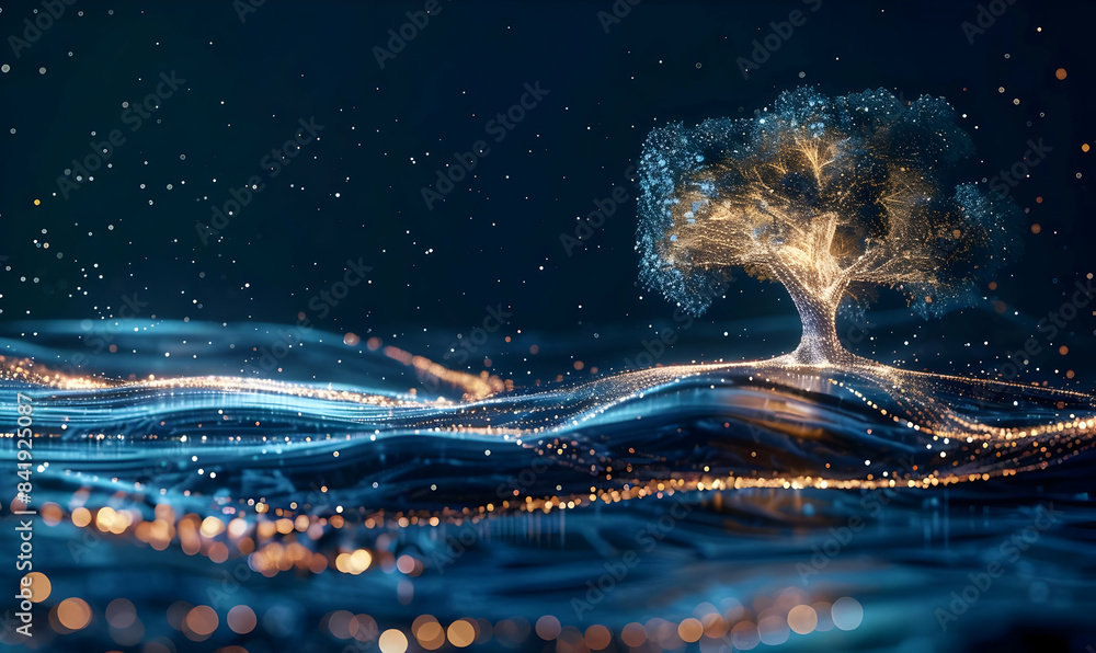 Poster digital artwork of an abstract tree illuminated by glowing lines and particles against a dark backgr