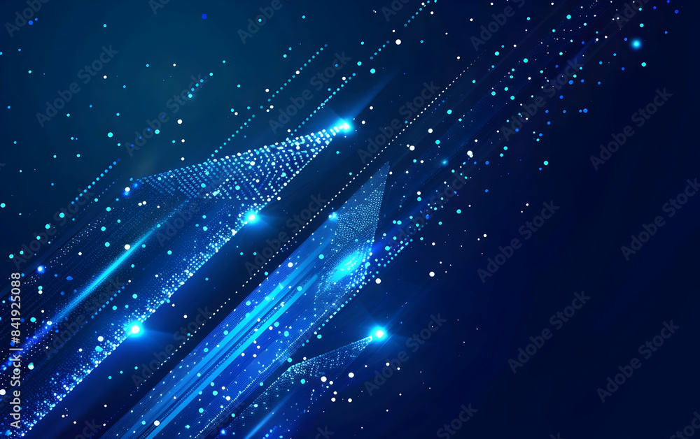 Poster abstract light beams and digital data particles on a dark blue background. futuristic technology and