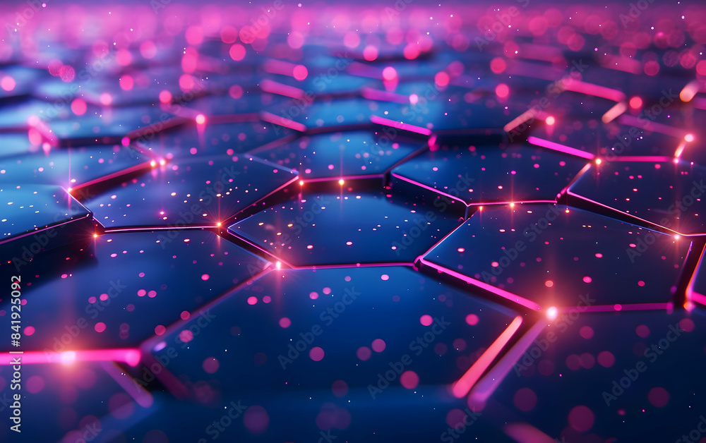 Poster close-up of a futuristic hexagonal surface with illuminated edges and glowing particles in vibrant n