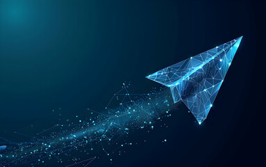 Abstract 3D ing of a digital paper plane composed of network nodes and connections on a dark blue background.