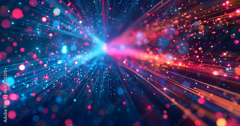 Poster vibrant digital abstract background with colorful light streams and sparkling bokeh, perfect for tec