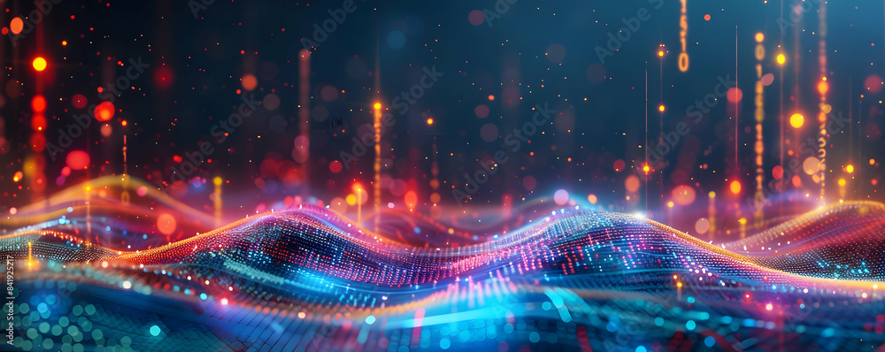 Poster vibrant digital abstract with colorful neon light waves and dynamic energy patterns, perfect for tec