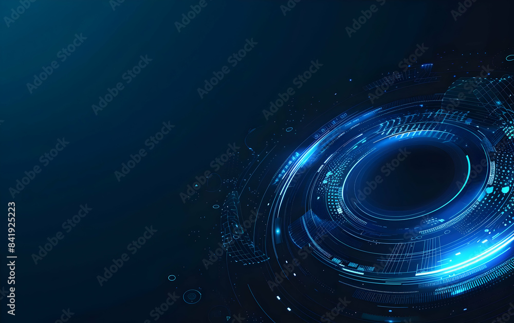 Poster futuristic blue digital technology background with circular hud interface elements, perfect for tech