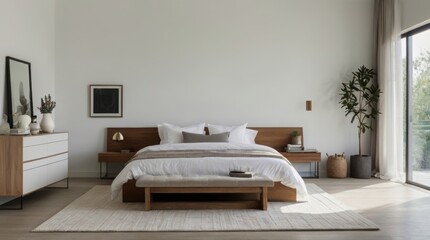 Modern white bedroom interior showcasing simplicity and elegance