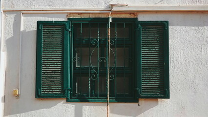 Green Shutters Old Window Mediterranean Architecture White Wall Straight View