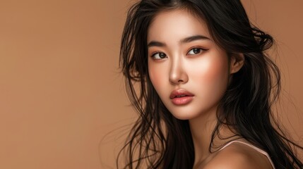 Naklejka premium Portrait of young Asian model with Korean makeup style, long hair, and perfect skin on beige background, ideal for spa and aesthetic treatments