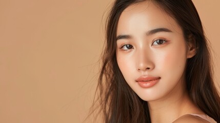 Naklejka premium Portrait of young Asian model with Korean makeup style, long hair, and perfect skin on beige background, ideal for spa and aesthetic treatments