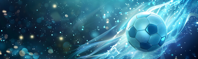 Fototapeta premium Soccer ball on the dark background with subtle light effects and atmosphere of mystery or fantasy. Soccer ball glowing with energy. Soccer Championship web banner with copy space. 