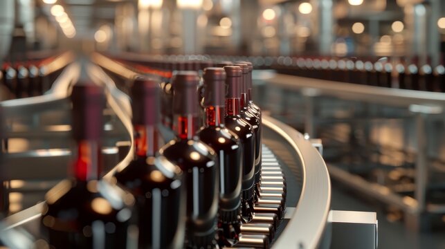 Red wine bottle filling line with bottles on conveyor belts in a wine factory, minimalist and photo realistic, capturing the food industry process