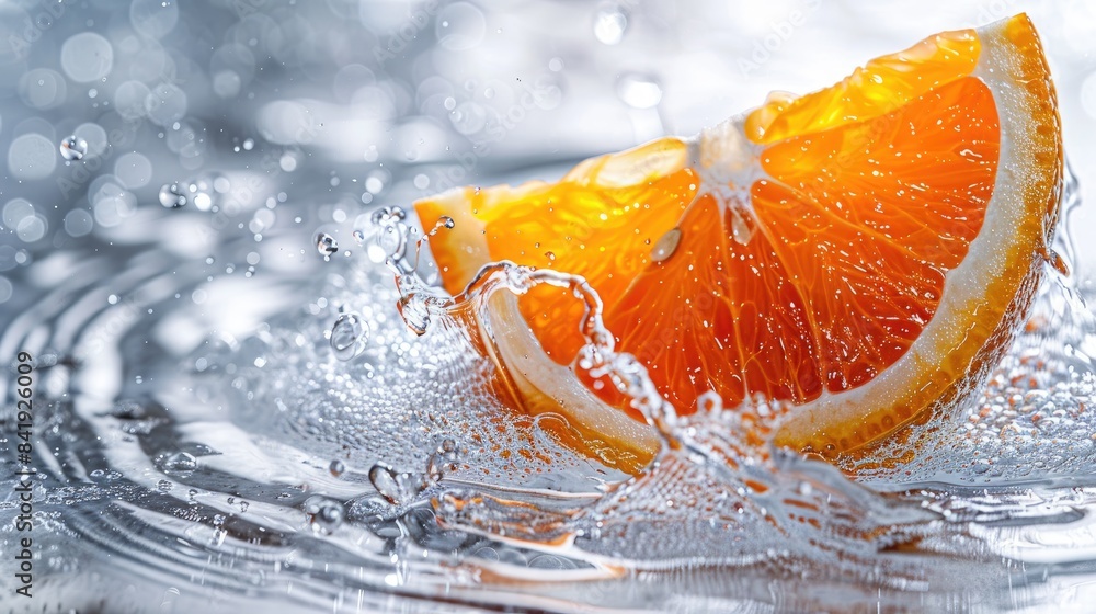 Aufkleber close up of a vibrant orange slice on a white backdrop submerged in sparkling water macro shot in a 