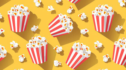 Close up of a bunch of popcorn on a yellow background. Top view of popcorn.