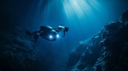 Underwater exploration drone in a deep-sea abyss, recording high-definition footage of rare marine life and geological formations, minimalist style