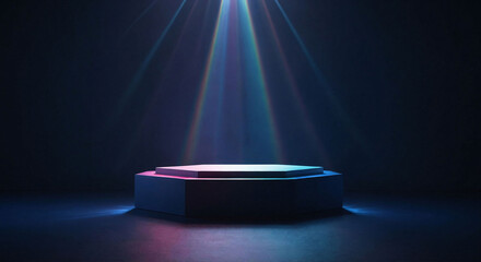 Empty navy display podium with rainbow light ray and reflections on minimal dark blue navy background, show stage pedestal for miracle, fantasy successful product curation and display, with copy space