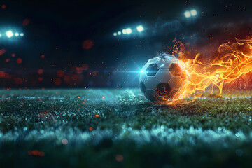 Close up Soccer ball with a trail of fire against stadium background. Close up of a football ball....