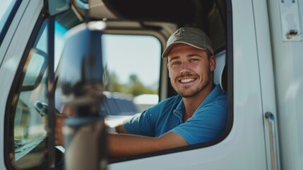 Naklejka premium A happy professional truck driver driving his truck and looking at the camera. leaving space for copy text.