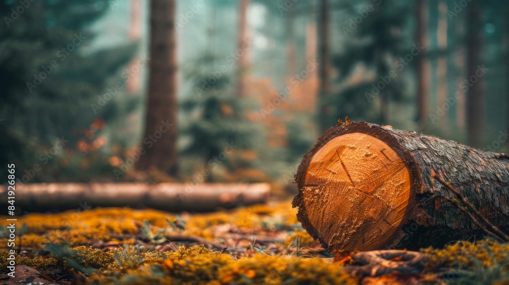 Poster fallen tree log in forest clearing. generative ai
