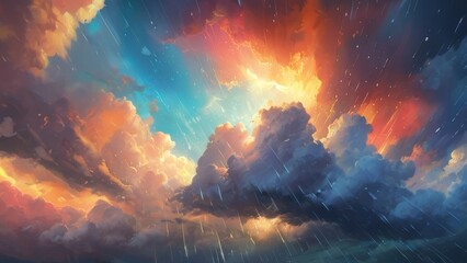 Fototapeta premium Rainy anime scene with a dramatic and moody sky background