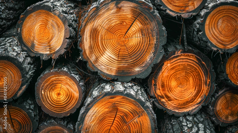 Poster stacked logs with distinctive tree rings. generative ai