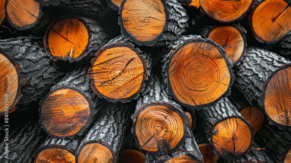 Aufkleber stacked logs with distinctive tree rings. generative ai