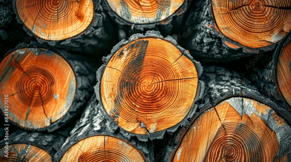 Poster stacked logs with distinctive tree rings. generative ai