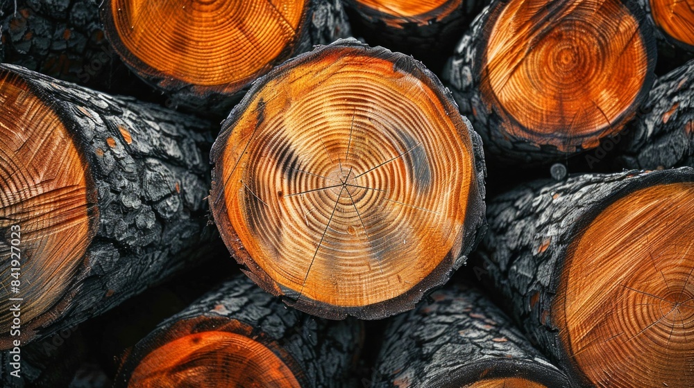 Aufkleber stacked logs with distinctive tree rings. generative ai