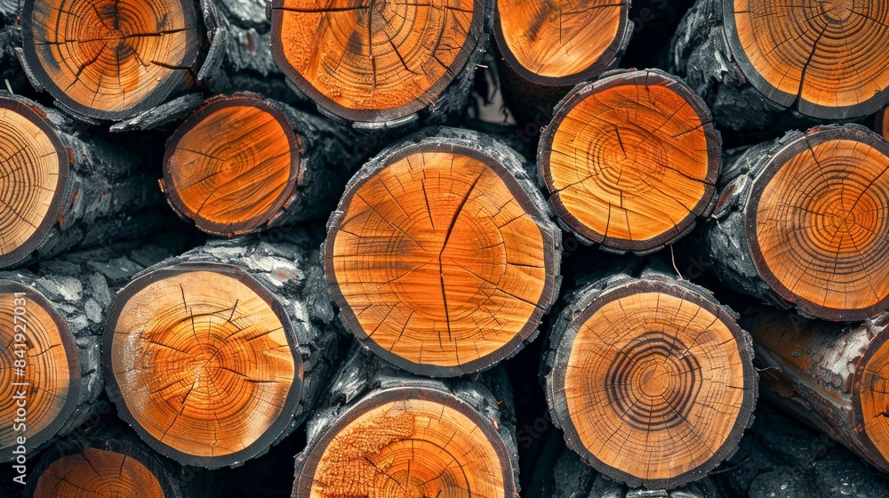 Aufkleber stacked logs with distinctive tree rings. generative ai