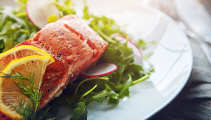 Food, plate and grilled salmon with salad for healthy, wellness and nutrition fine dining cuisine. Diet, meal and gourmet dish of fish, rocket leaves and radish with lemon for dinner or supper.